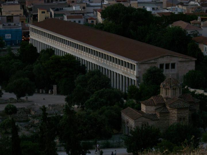 View of The Stoa of Attalos Museum of the Ancient Agora from Areopagus Hill in Athens, Greece (July 2007)