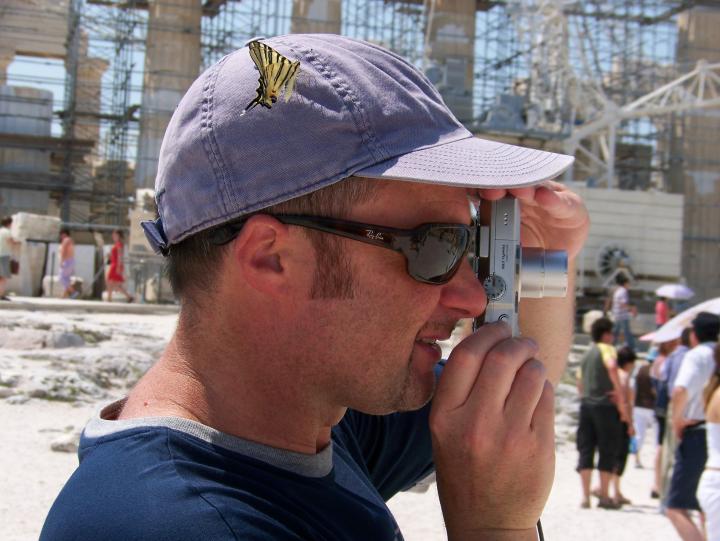 Butterfly On Man's Hat @ The Acropolis in Athens, Greece (Thu 21 June 2007)