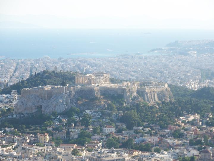 View of The Acropolis, Lycabettus Hill and The Aegean Sea from Areopagus Hill in Athens, Greece (July 2007)
