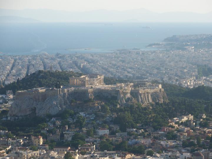 View of The Acropolis, Lycabettus Hill and The Aegean Sea from Areopagus Hill in Athens, Greece (July 2007)